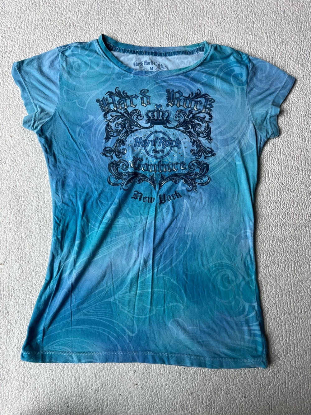 Vintage Y2K Hard Rock Couture Blue Graphic Tshirt Embellished Womens Medium